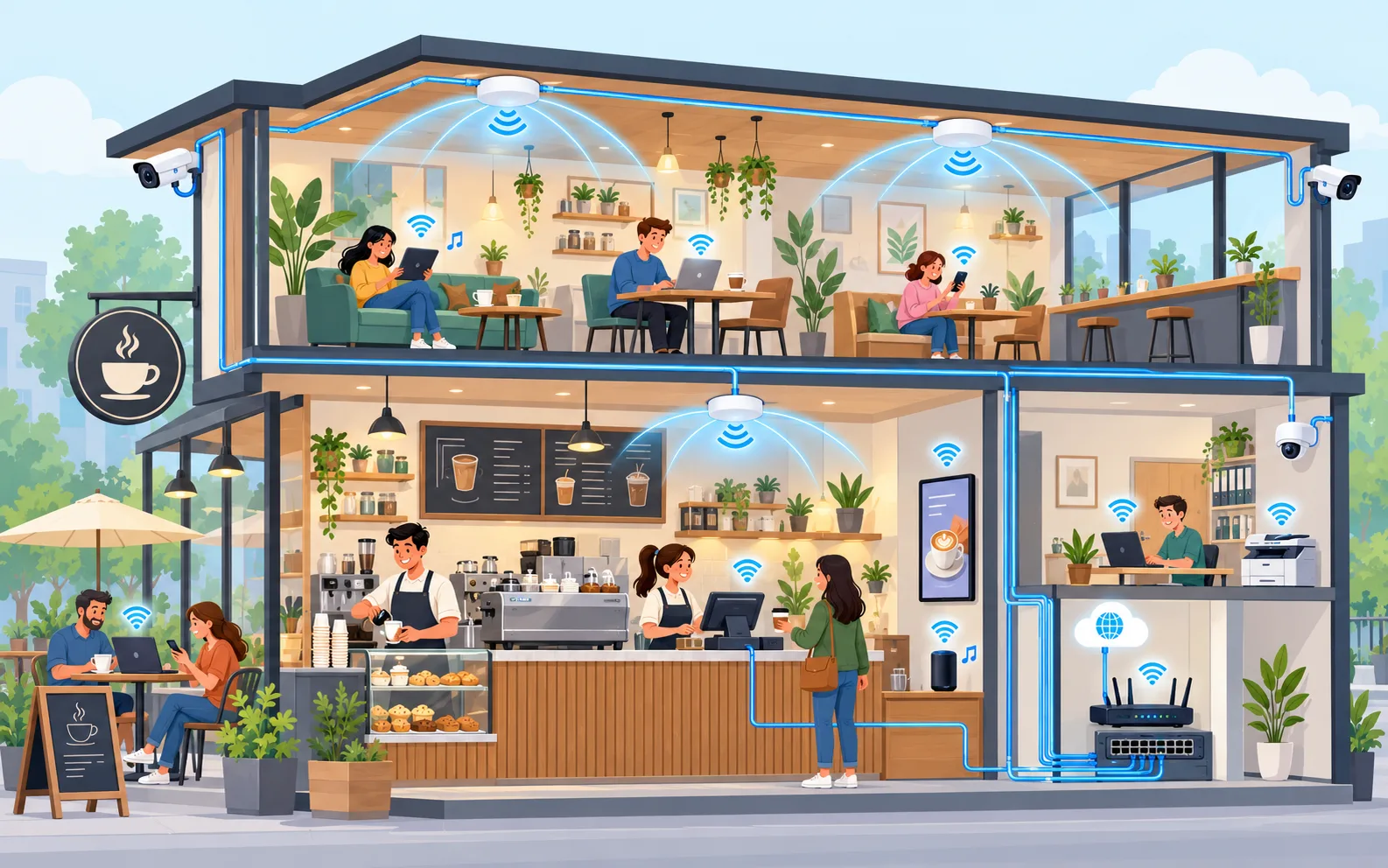 A small business workspace with organized networking equipment and reliable Wi-Fi